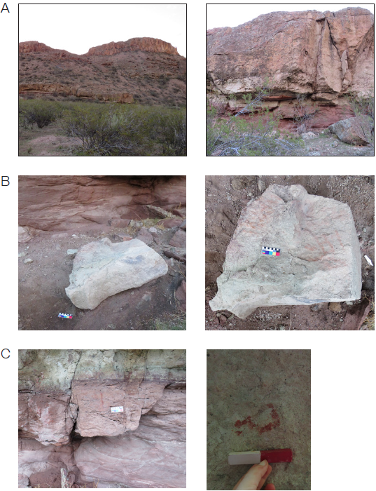 Piedra Pintada: (A) vista del alero; (B) roca pintada; (C) motivos pintados en elsoporte rocoso.